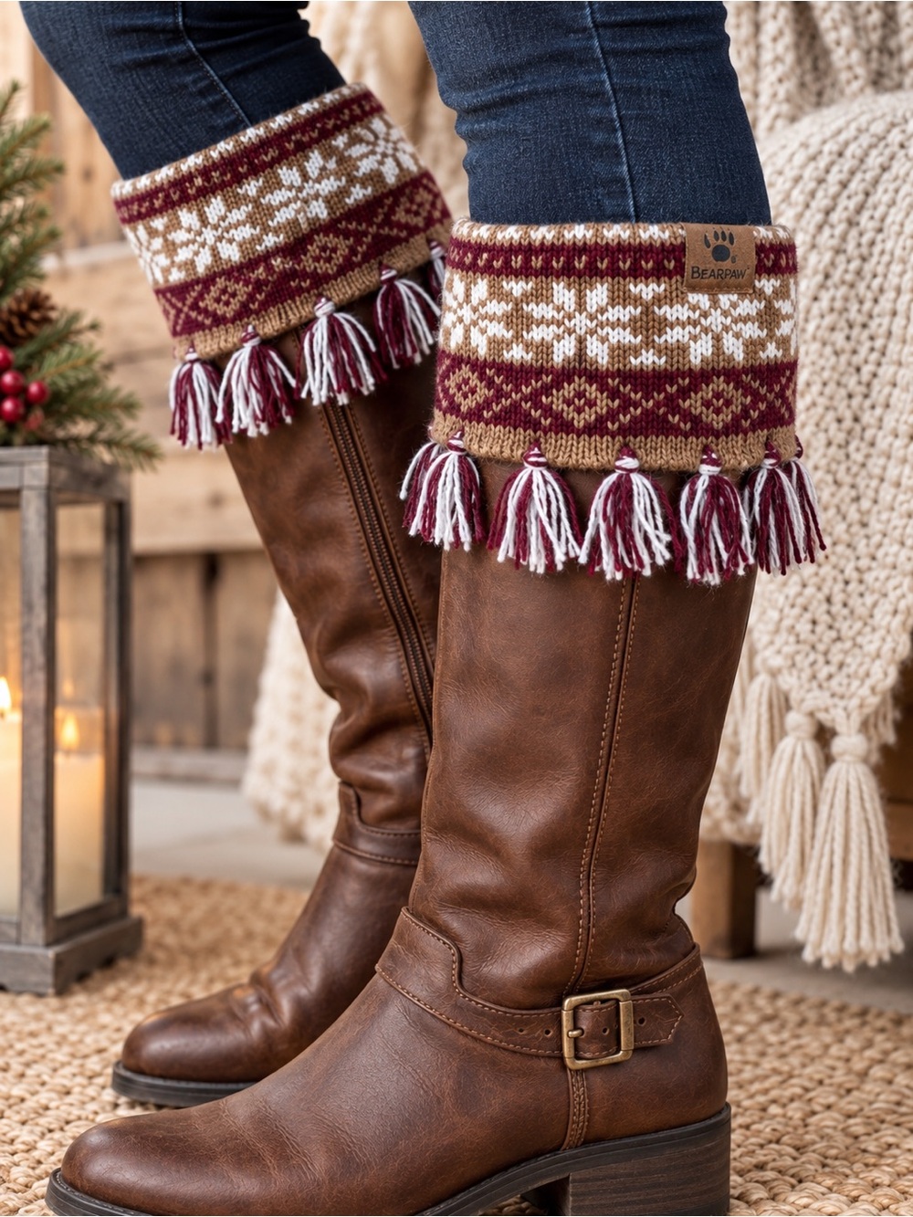 BEARPAW Fair Isle Knit Boot Toppers Fringe Winter Boot Cuffs OS NWT